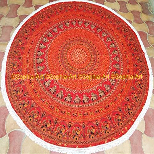 Beach Red Throw Sheet Mandala Cloth Roundie Round Round Boho Picnic Yoga Yoga Gypsy Beach Garden Indian Towel Mat Cotton Hippy Tapestry Table Round With Beautiful Tassels (Pattern005, 72 Inches)