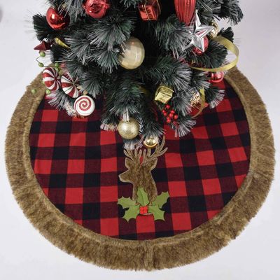 Gireshome Buffalo Check Plaid with Reindeer Faux Fur Applique Embroidey Center, Faux Fur Border 50" Christmas Tree Skirt