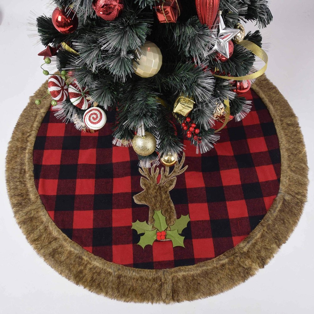 Gireshome Buffalo Check Plaid with Reindeer Faux Fur Applique Embroidey Center, Faux Fur Border 50" Christmas Tree Skirt