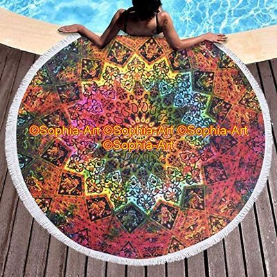 Yoga Gypsy Mat Cloth Beach Sheet Table Yoga Boho Tapestry Roundie Round Throw Mandala Indian Garden Round Cotton Towel Beach Picnic Throw Hippy Round With Beautiful Tassels (Pattern007, 48 Inches)