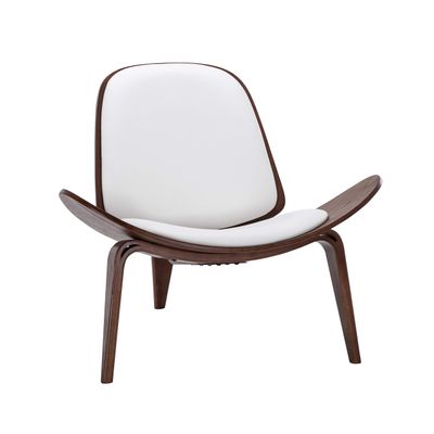 Belleze Mid-Century Modern Shell Side Accent Tripod Plywood Lounge Chair Walnut Upholstered Faux Leather, White