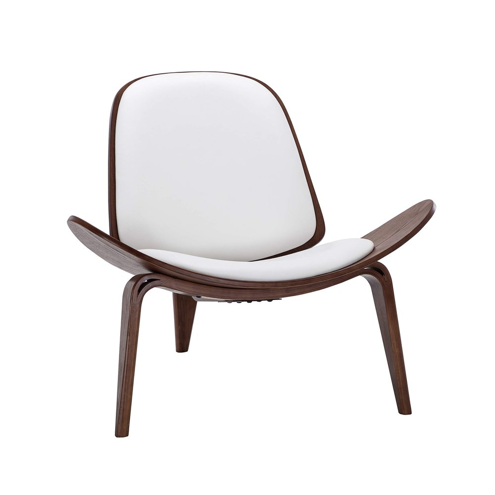 Belleze Mid-Century Modern Shell Side Accent Tripod Plywood Lounge Chair Walnut Upholstered Faux Leather, White