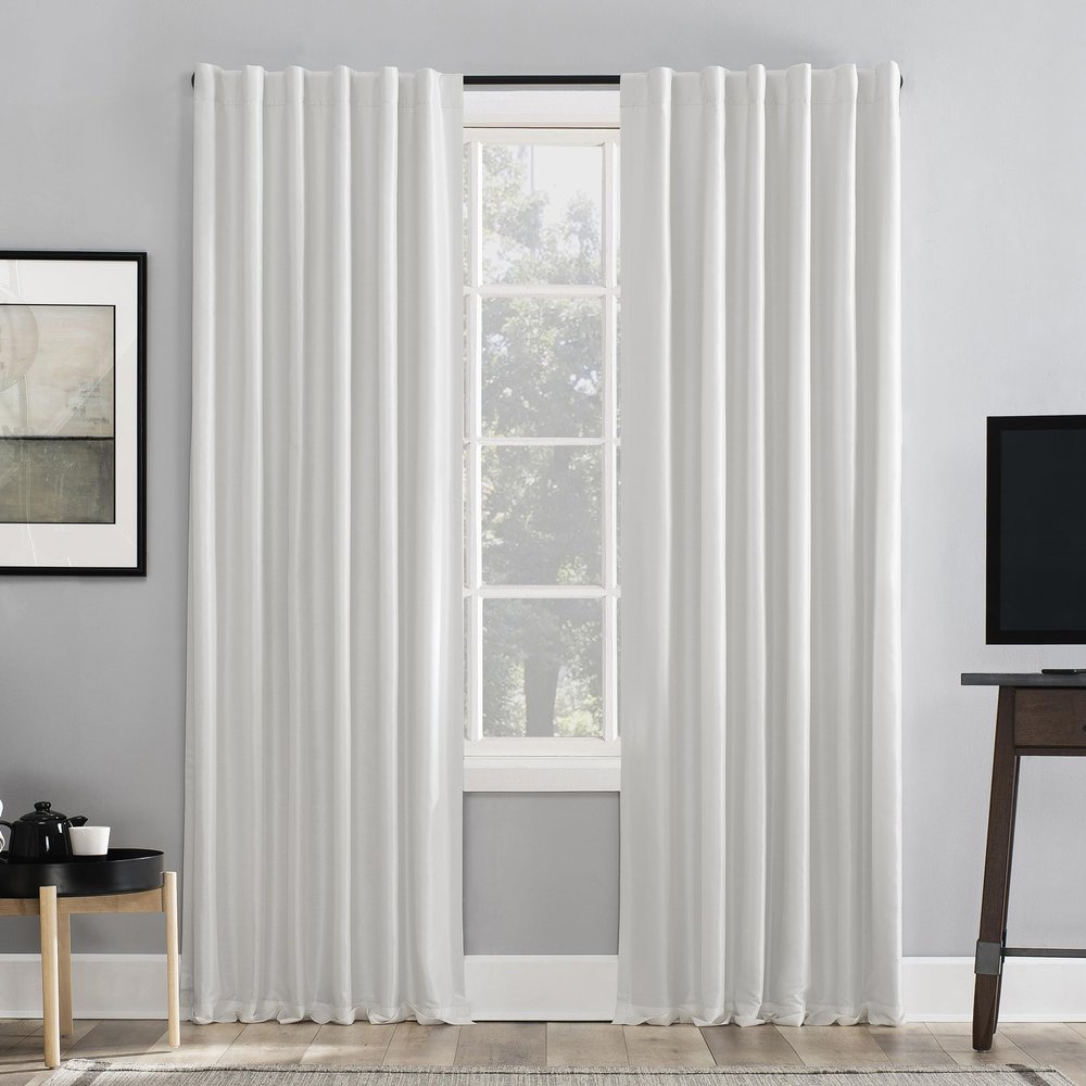 Sun Zero - 56260 Greyson Faux Dupioni Silk Extreme 100% Blackout Back Tab Curtain Panel, 50" x 95", Pearl White