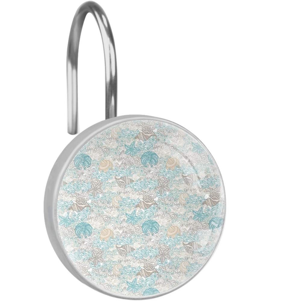 Nautical Shower Curtain Hooks, Pastel Toned Sea Shell Starfish Mollusk Seahorse Coral Reef Motif Design,12 Piece Crystal Grass Decorative Rolling Shower Curtain Rings Hooks for Bathroom