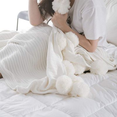 59"x79" Decorative White Pom Pom Throw Blanket Knitted Cotton Cable Blanket Couch Bed Sofa Decor Throw Blanket Idea