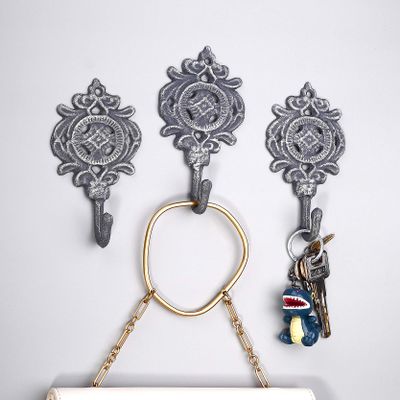 Ambipolar Indian Leaf Hook Antique Decorative Vintage Style Heavy Duty Wall Coat Hooks Pack of 3 .(Matt Grey)