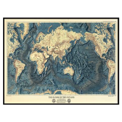 Map of The Worlds Ocean Floors and Land Relief. 1976. Vintage Restoration Hardware Home Deco Style Old Wall Reproduction map Print