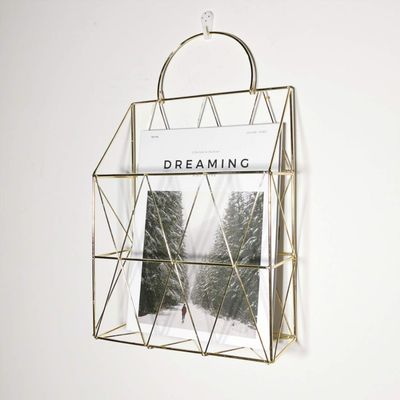 GRIDYMEN Magazine Rack with Handle, Letter Rack Newspaper Holder File Oragnizer Wall Mounted Decorative Storage Basket, Metal Organiser for Office Living Room Bedroom, Gold