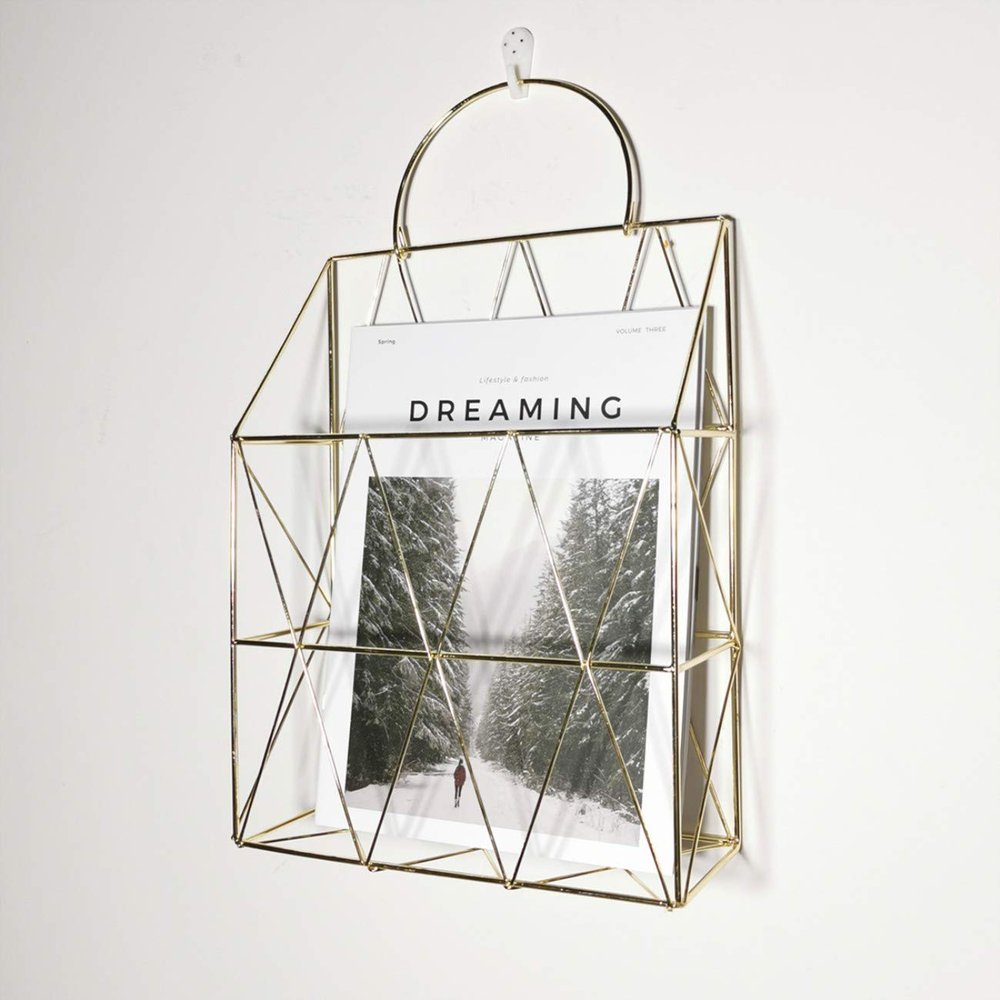 GRIDYMEN Magazine Rack with Handle, Letter Rack Newspaper Holder File Oragnizer Wall Mounted Decorative Storage Basket, Metal Organiser for Office Living Room Bedroom, Gold