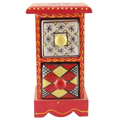 Indian Shelf 1 Piece Vocalforlocal Handmade Multicolor Wooden 2 Vertical Drawers Floral Pattern Spice Box Seasoning Masala Organizer Rack Jewellery Container