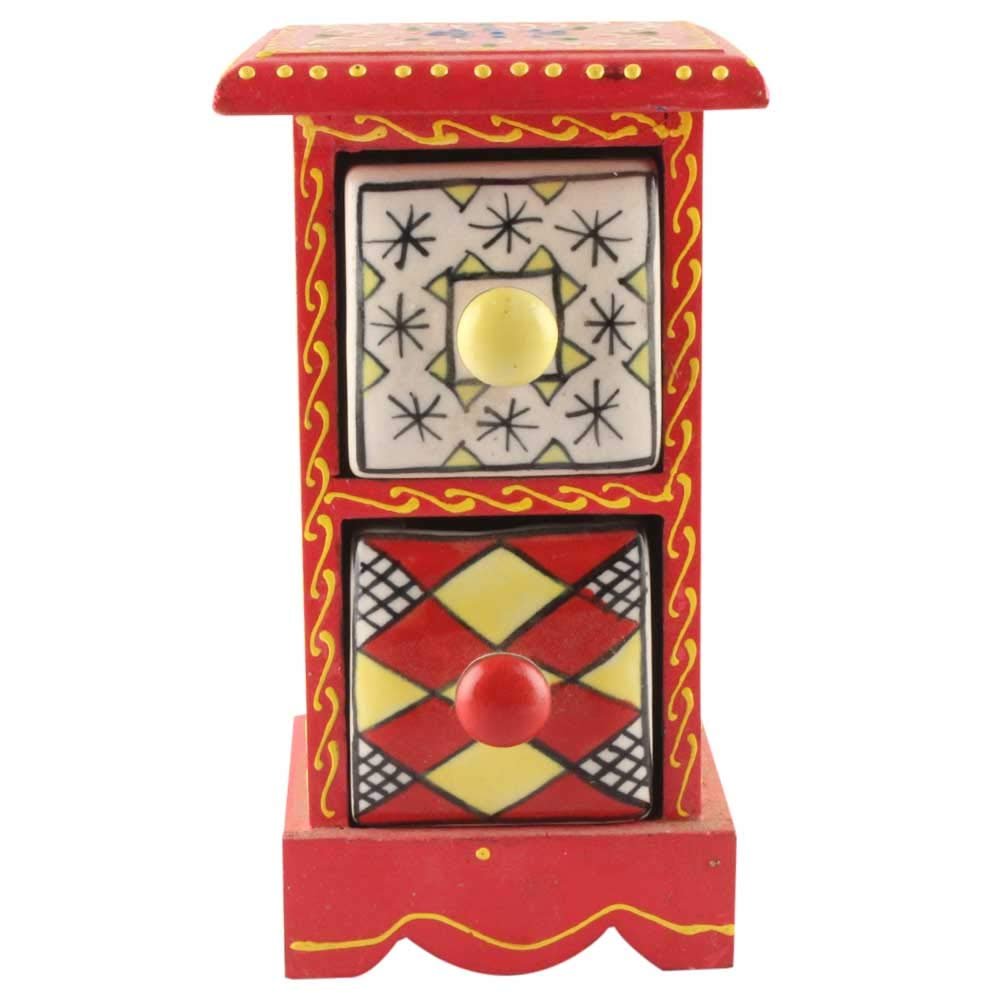 Indian Shelf 1 Piece Vocalforlocal Handmade Multicolor Wooden 2 Vertical Drawers Floral Pattern Spice Box Seasoning Masala Organizer Rack Jewellery Container