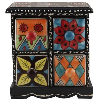 Indian Shelf Vocalforlocal Handcrafted Wooden and Ceramic Multicolor Spice Container Seasoning Masala Box Organizer Jewellery Rack(Four Darwer/6.75") Designer Gift