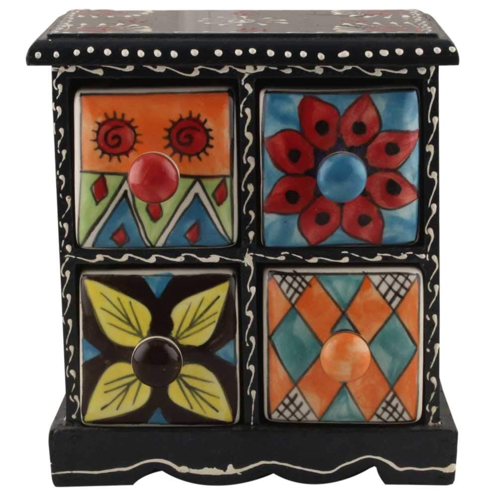 Indian Shelf Vocalforlocal Handcrafted Wooden and Ceramic Multicolor Spice Container Seasoning Masala Box Organizer Jewellery Rack(Four Darwer/6.75") Designer Gift