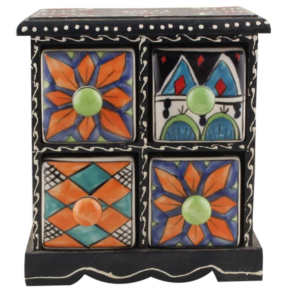 Indian Shelf Vocalforlocal Handcrafted Wooden and Ceramic Multicolor Spice Rack Container Organizer Dabba Jewellery Box (Four Darwer/6.75") Designer Gift