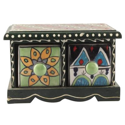 Indian Shelf 1 Piece Vocalforlocal Handmade Multicolor Wooden 2 Horizontal Drawers Floral Pattern Spice Box Seasoning Masala Organizer Rack Jewellery Container