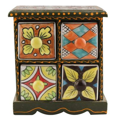 Indian Shelf Vocalforlocal Handcrafted Wooden and Ceramic Multicolor Jewellery Rack Spice Organizer Seasoning Masala Box Container Dabba(Four Darwer/6.75") Designer Gift