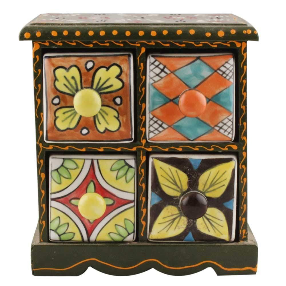 Indian Shelf Vocalforlocal Handcrafted Wooden and Ceramic Multicolor Jewellery Rack Spice Organizer Seasoning Masala Box Container Dabba(Four Darwer/6.75") Designer Gift