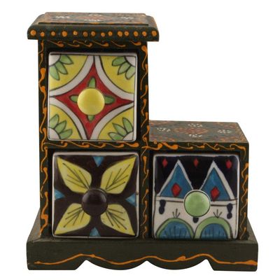 Indian Shelf Vocalforlocal Handcrafted Wooden and Ceramic Multicolor Spice Rack Container Organizer Dabba Jewellery Box (Three Darwer/6.75") Designer Gift