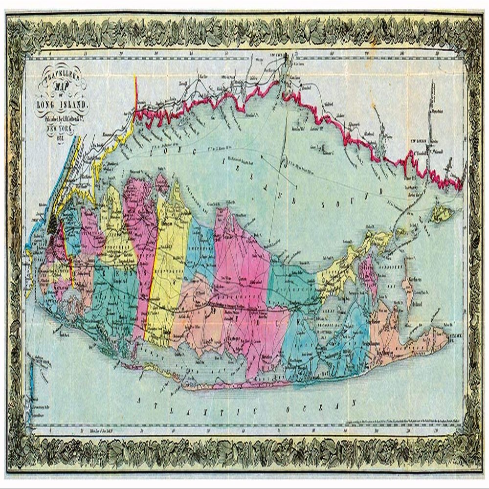 Antiguos Maps - Travelers Map of Long Island, New York by J.H. Colton & Co Circa 1857 - Measures 24 in x 60 in (610 mm x 1524 mm)