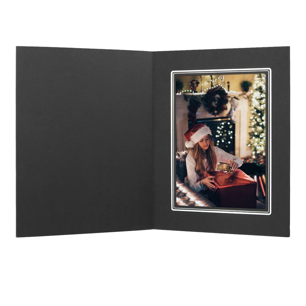 Golden State Art, Pack of 25, 5x7 Photo Folders, Cardboard Picture Frame, Paper Frame Cards, Greetings/Invitation Special Events: Graduation, Christmas (Black with Silver Lining)