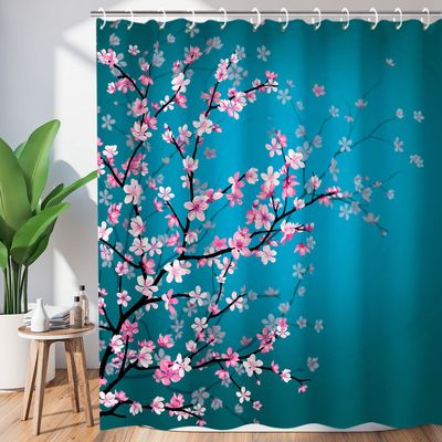 LIVILAN Cherry Blossom Shower Curtain Japanese Shower Curtain Floral Sakura Plum Blossom Flower Shower Curtains with 12 Hooks Teal Blue and Pink Pretty Shower Curtain, 72" W x 84" H