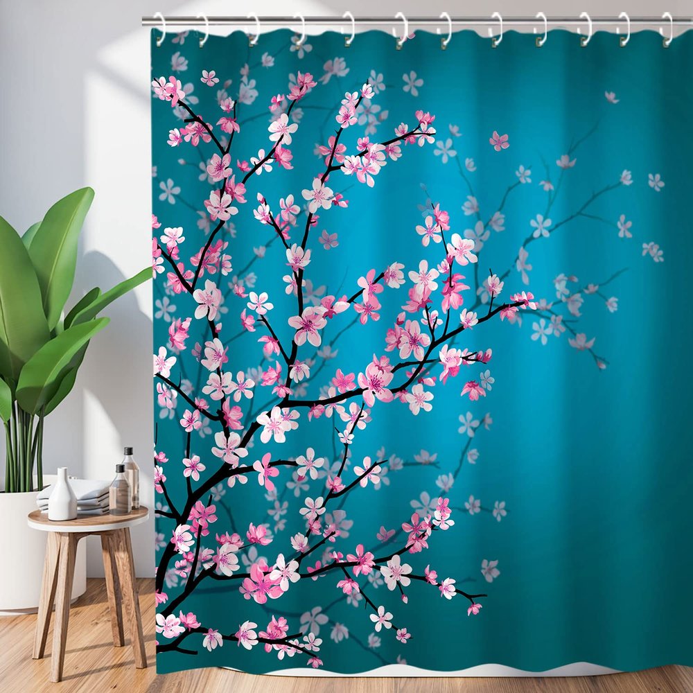 LIVILAN Cherry Blossom Shower Curtain Japanese Shower Curtain Floral Sakura Plum Blossom Flower Shower Curtains with 12 Hooks Teal Blue and Pink Pretty Shower Curtain, 72" W x 84" H