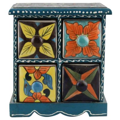 Indian Shelf Vocalforlocal Handcrafted Wooden and Ceramic Multicolor Spice Container Seasoning Masala Box Organizer Jewellery Rack(Four Darwer/6.75") Designer Gift