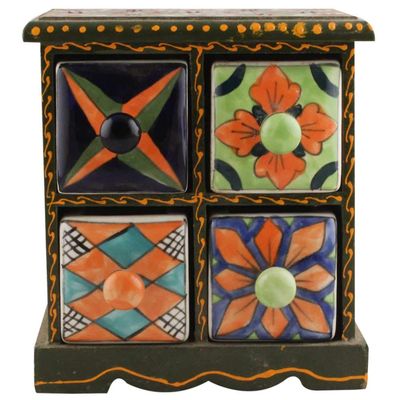 Indian Shelf Vocalforlocal Handcrafted Wooden and Ceramic Multicolor Jewellery Rack Spice Organizer Seasoning Masala Box Container Dabba(Four Darwer/6.75") Designer Gift