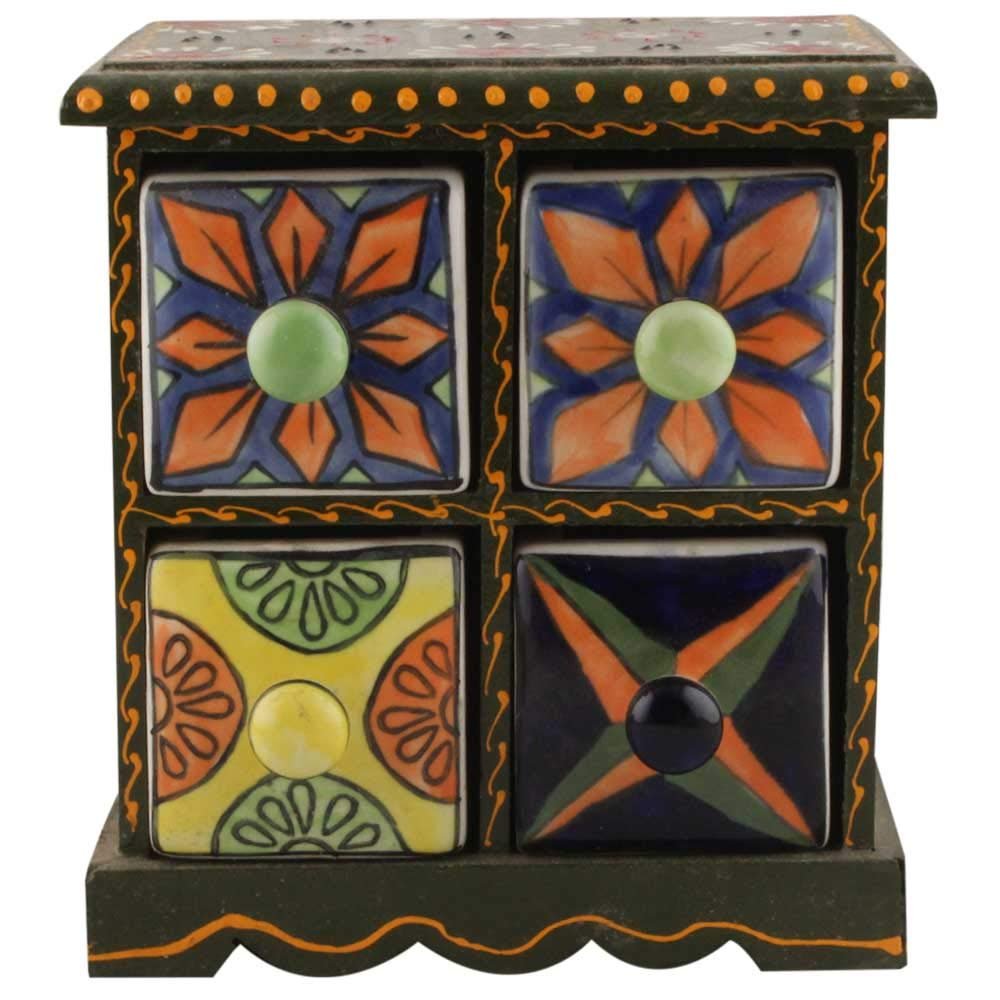 Indian Shelf Vocalforlocal Handcrafted Wooden and Ceramic Multicolor Spice Rack Container Organizer Dabba Jewellery Box (Four Darwer/6.75") Designer Gift