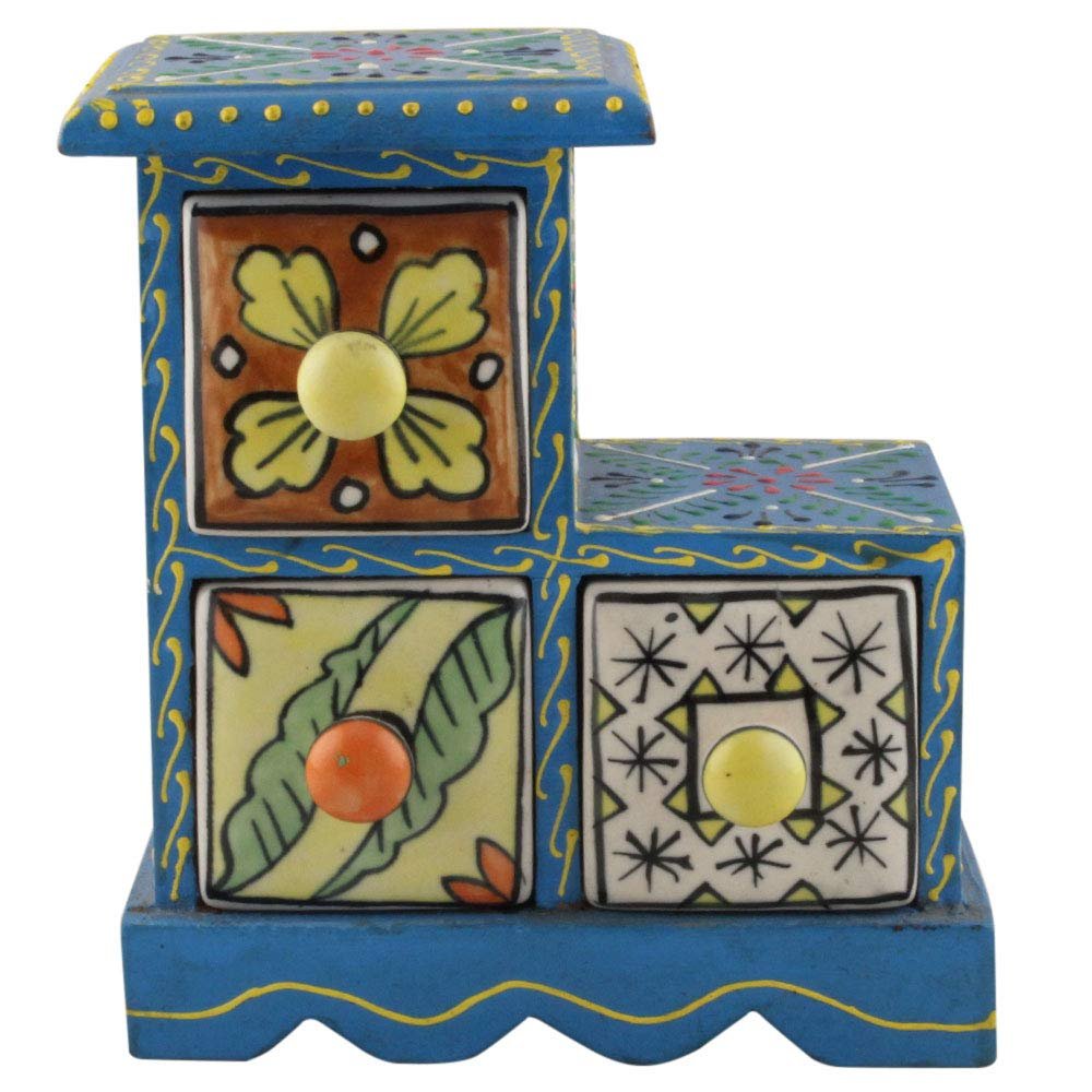 Indian Shelf Vocalforlocal Handcrafted Wooden and Ceramic Multicolor Spice Rack Container Organizer Dabba Jewellery Box (Three Darwer/6.75") Designer Gift
