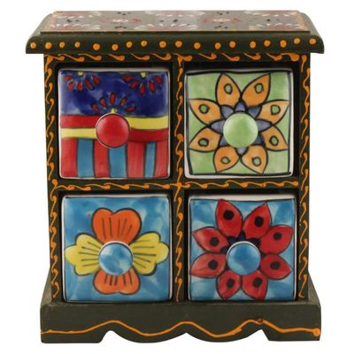Indian Shelf Vocalforlocal Handcrafted Wooden and Ceramic Multicolor Spice Box Seasoning Masala Organizer Jewellery Container Rack(Four Darwer/6.75") Designer Gift