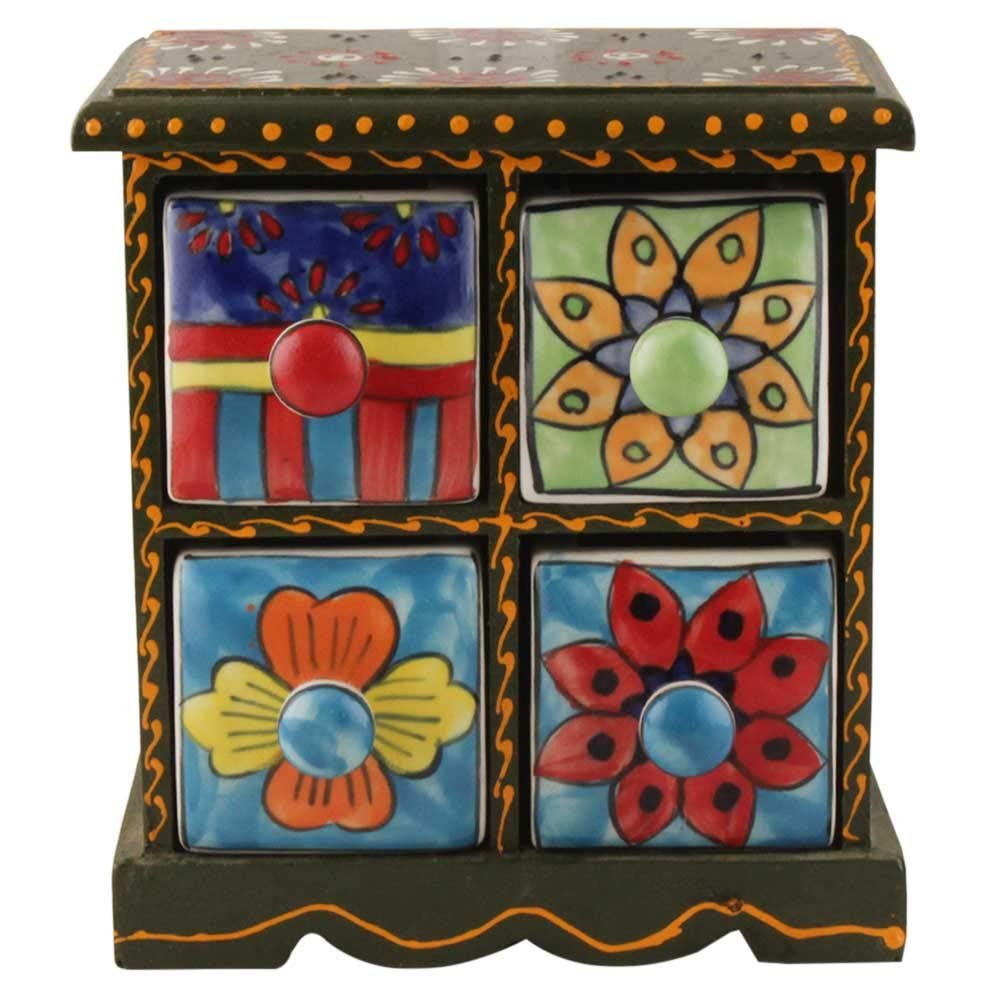 Indian Shelf Vocalforlocal Handcrafted Wooden and Ceramic Multicolor Spice Box Seasoning Masala Organizer Jewellery Container Rack(Four Darwer/6.75") Designer Gift