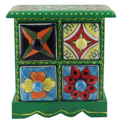 Indian Shelf Vocalforlocal Handcrafted Wooden and Ceramic Multicolor Spice Dabba Rack Container Organizer Jewellery Masala Box (Four Darwer/6.75") Designer Gift