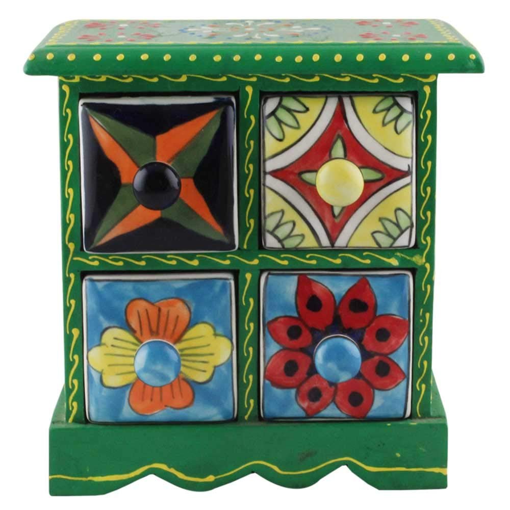 Indian Shelf Vocalforlocal Handcrafted Wooden and Ceramic Multicolor Spice Dabba Rack Container Organizer Jewellery Masala Box (Four Darwer/6.75") Designer Gift