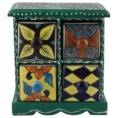 Indian Shelf Vocalforlocal Handcrafted Wooden and Ceramic Multicolor Spice Rack Container Organizer Dabba Jewellery Box (Four Darwer/6.75") Designer Gift