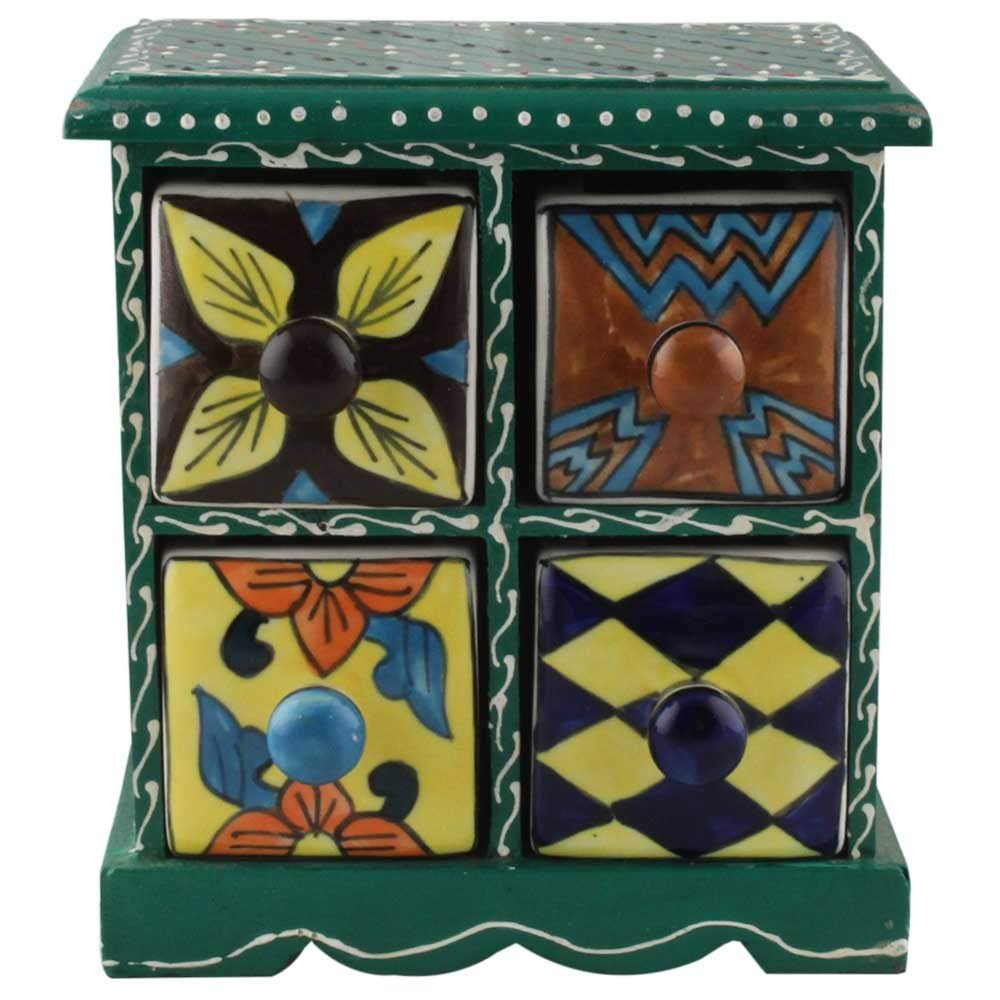 Indian Shelf Vocalforlocal Handcrafted Wooden and Ceramic Multicolor Spice Rack Container Organizer Dabba Jewellery Box (Four Darwer/6.75") Designer Gift