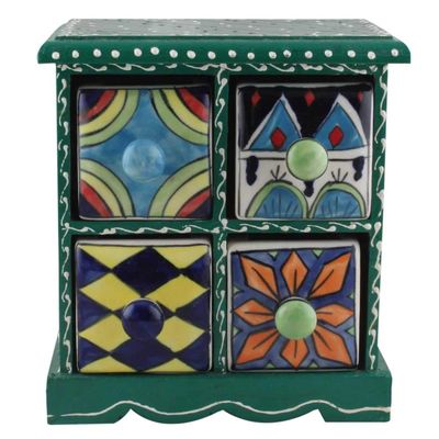 Indian Shelf Vocalforlocal Handcrafted Wooden and Ceramic Multicolor Spice Box Seasoning Masala Organizer Jewellery Container Rack(Four Darwer/6.75") Designer Gift
