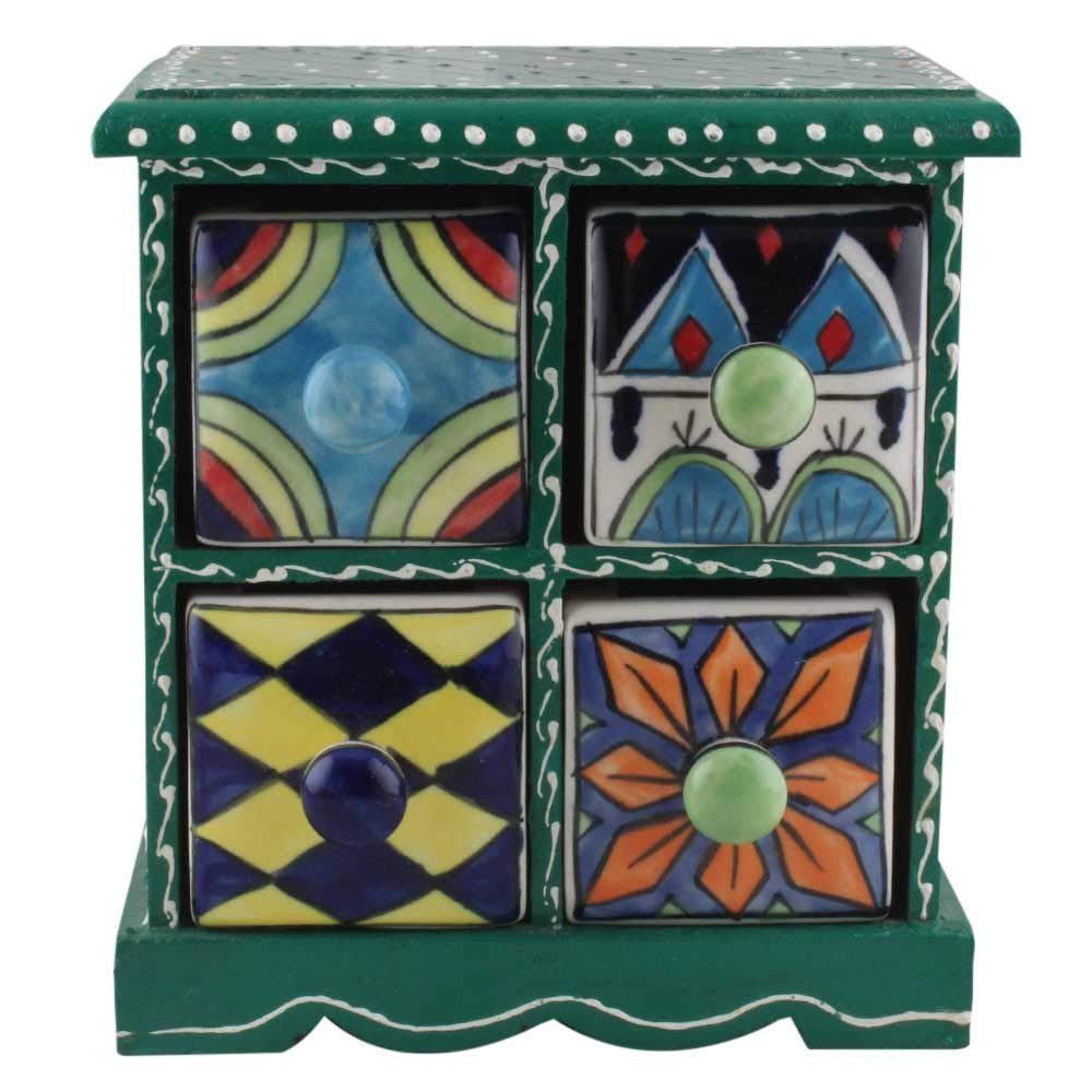 Indian Shelf Vocalforlocal Handcrafted Wooden and Ceramic Multicolor Spice Box Seasoning Masala Organizer Jewellery Container Rack(Four Darwer/6.75") Designer Gift