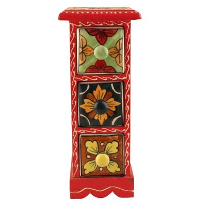 Indian Shelf 1 Piece Vocalforlocal Handmade Multicolor Wooden 3 Vertical Drawers Floral Pattern Spice Box Seasoning Masala Organizer Rack Jewellery Container