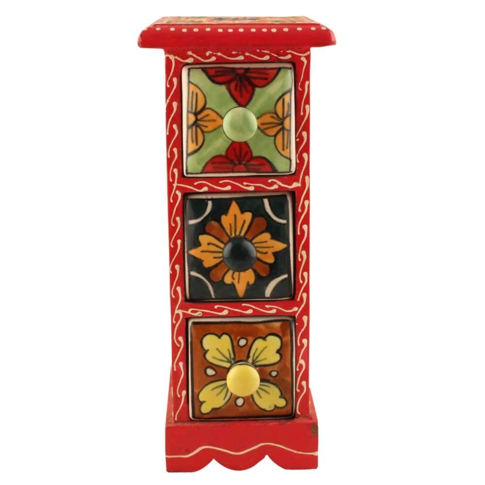 Indian Shelf 1 Piece Vocalforlocal Handmade Multicolor Wooden 3 Vertical Drawers Floral Pattern Spice Box Seasoning Masala Organizer Rack Jewellery Container