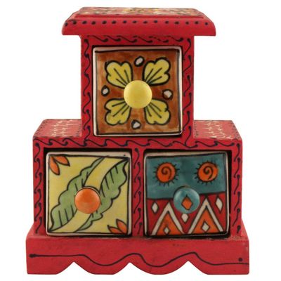 Indian Shelf Vocalforlocal Handcrafted Wooden and Ceramic Multicolor Masala Rack Container Box Spice Organizer Seasoning Dabba(Three Darwer/6.75") Designer Gift