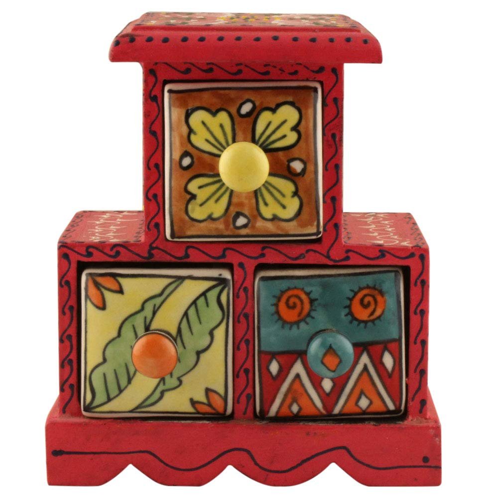 Indian Shelf Vocalforlocal Handcrafted Wooden and Ceramic Multicolor Masala Rack Container Box Spice Organizer Seasoning Dabba(Three Darwer/6.75") Designer Gift