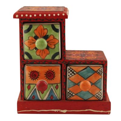 Indian Shelf Vocalforlocal Handcrafted Wooden and Ceramic Multicolor Seasoning Masala Rack Spice Dabba Container Box Organizer(Three Darwer/6.75") Designer Gift