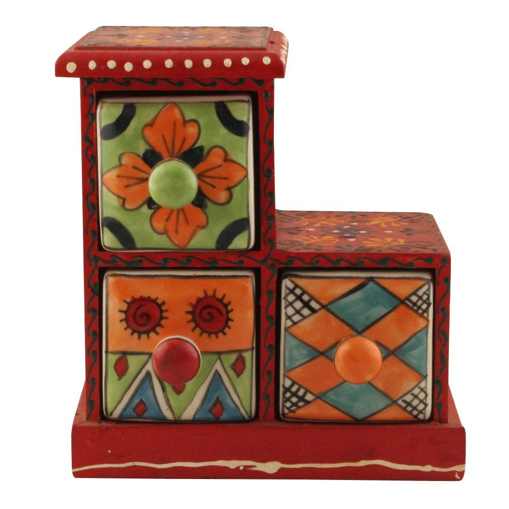 Indian Shelf Vocalforlocal Handcrafted Wooden and Ceramic Multicolor Seasoning Masala Rack Spice Dabba Container Box Organizer(Three Darwer/6.75") Designer Gift