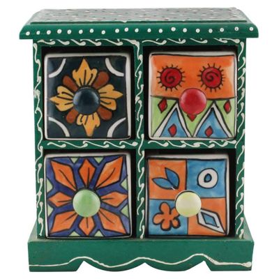 Indian Shelf Vocalforlocal Handcrafted Wooden and Ceramic Multicolor Spice Container Seasoning Masala Box Organizer Jewellery Rack(Four Darwer/6.75") Designer Gift