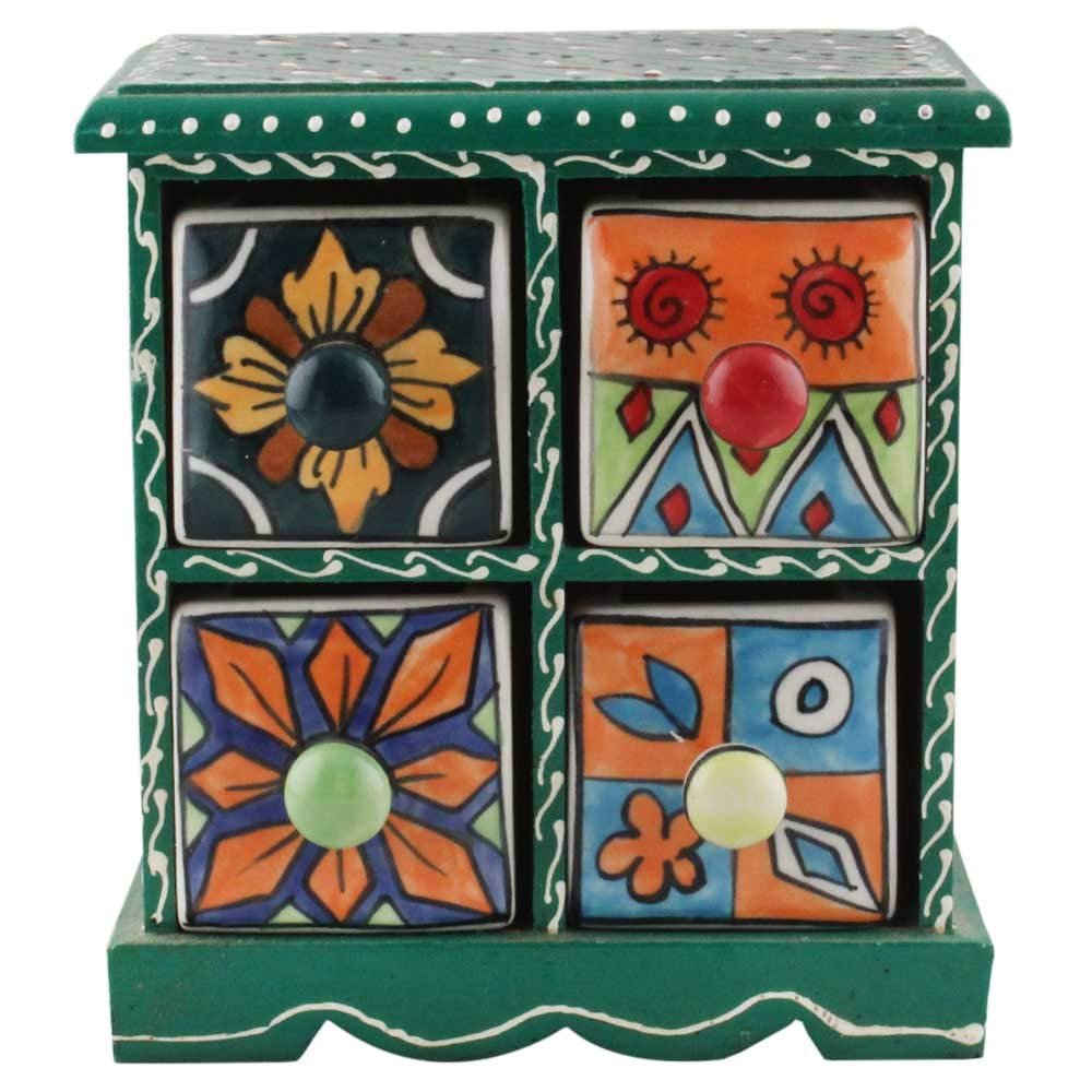 Indian Shelf Vocalforlocal Handcrafted Wooden and Ceramic Multicolor Spice Container Seasoning Masala Box Organizer Jewellery Rack(Four Darwer/6.75") Designer Gift
