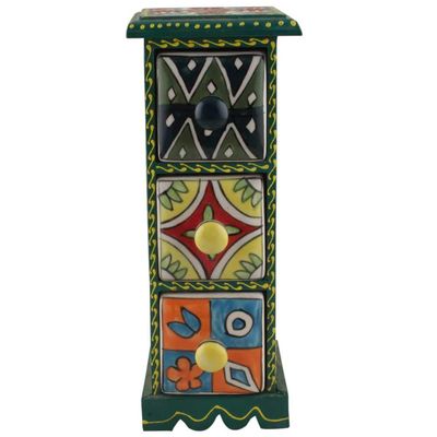 Indian Shelf 1 Piece Vocalforlocal Handmade Multicolor Wooden 3 Vertical Drawers Floral Pattern Spice Box Seasoning Masala Organizer Rack Jewellery Container