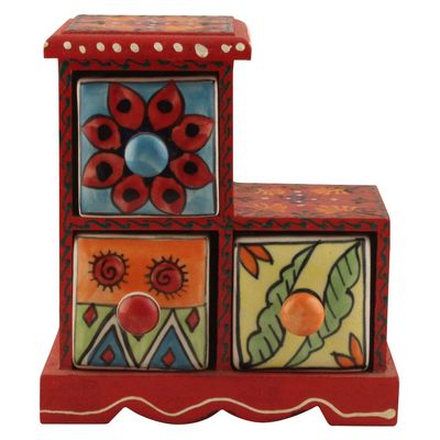Indian Shelf Vocalforlocal Handcrafted Wooden and Ceramic Multicolor Spice Dabba Rack Container Organizer Jewellery Masala Box (Three Darwer/6.75") Designer Gift