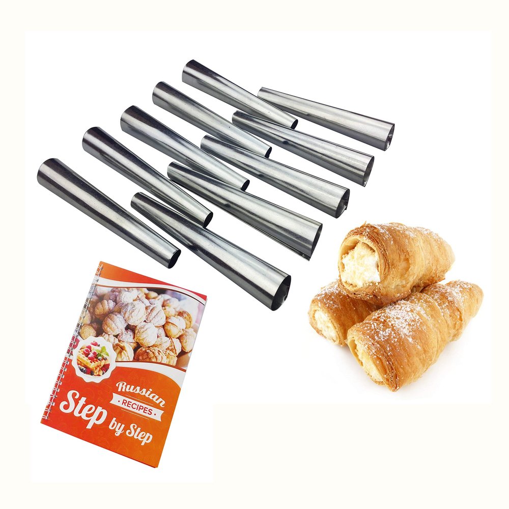 10 Pcs x Cream Horns Roll Horn Cannoli Molds Cones Forms Dessert Pastry Tube + Color Book With Russian Recipes (5)