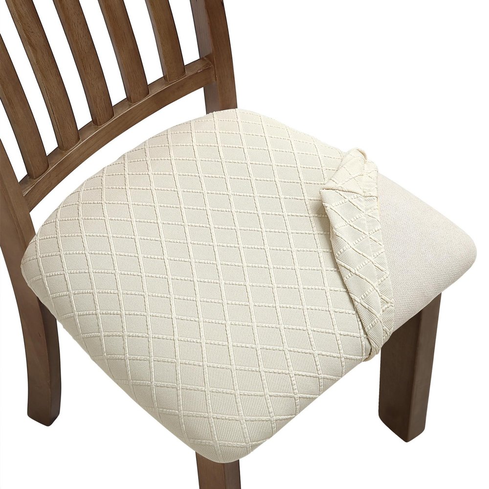 Fuloon Stretch Jacquard Chair Seat Covers Set of 4, Removable Washable Dining Chair Covers Anti-Dust Dining Room Chair Covers Seat Cushion Slipcovers (4, Beige)